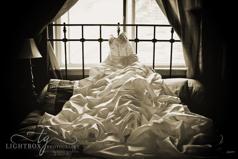 wedding gown in window